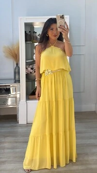 Vestido Chiffon Frente Única Com Amarração Helena Com Camadas