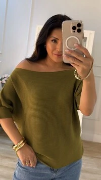 Blusa Tricot Amplo Canelados Horizontais Heloize Mangas 3/4 Com Punhos
