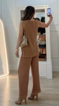 Conjunto Tricot Maithe Blusa Regata Alongada E Calça Pantalona