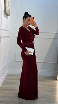 Vestido Longo Mangas Longas Jamile Cinto De Paetê