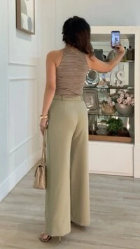 Calça Pantalona Adelia Com Cinto Pespontado E Fivela Dupla Dourada