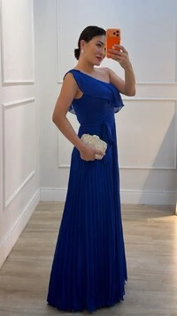 Vestido Longo Ombro Único Plissado Detalhe De Babado Taty Cinto Faixa