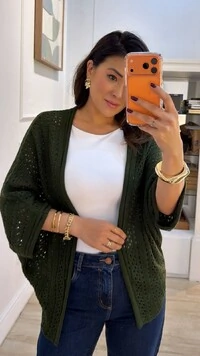 PRÉ-VENDA DATA ESTIMADA DE ENVIO 21/03 Kimono Tricot Vazado Fabi Mangas 3/4