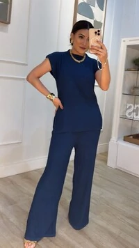 Conjunto Tricot Nervuras Caneladas Roberta Blusa E Calça Pantalona