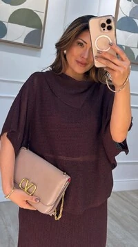 Conjunto Tricot Fio De Lurex Lavínia Poncho & Saia Midi