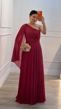 Vestido Longo Plissado Ombro Único Chloe Cinto Faixa