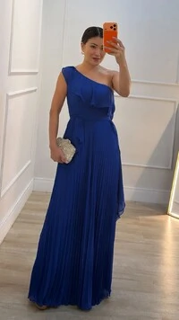Vestido Longo Ombro Único Plissado Detalhe De Babado Taty Cinto Faixa