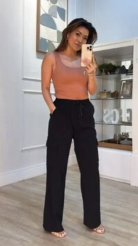 Calça Pantalona Cargo Thamires Pala Larga Com Amarração Frontal