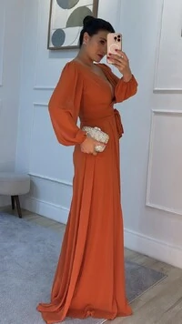 Vestido Longo Decote V Transpassado Stella Fenda Frontal Com Cinto Faixa