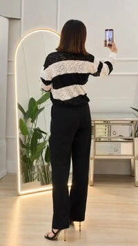 Blusa Gola Polo De Renda Bicolor Marina Detalhe Canelado