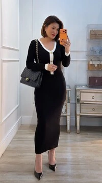 Vestido Midi Tricot Faixa Bicolor Jessie Botões Dourados