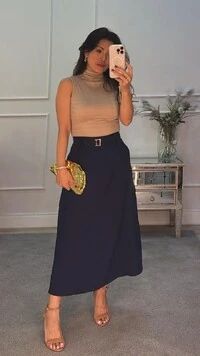 Saia Midi Cargo Twill Raquel Cinto Pespontado Fivela Dourada