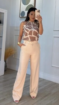 Calça Pantalona Marie Botões Duplos Resinados Com Brilho