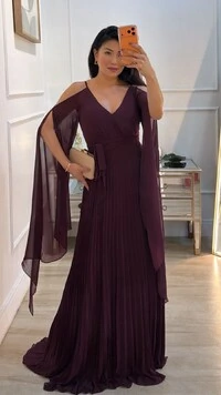 Vestido Longo Manga Echarpe Bruna Com Cinto Faixa