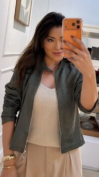 Jaqueta Suede Gola Alta Amora Botões E Zíper Prata