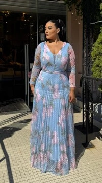 Vestido Longo Plissado Poá Estampa Floral Maya Cinto Faixa