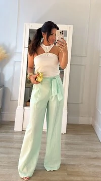 Calça Pantalona Em Linho Mirella Com Cinto Faixa