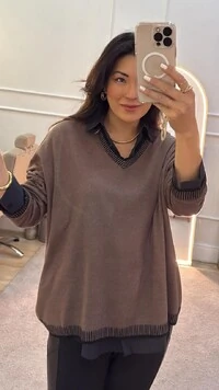 Blusa Tricot Glenda Decote V Com Bicolor Detalhe Bicolor