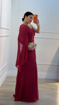Vestido Longo Plissado Ombro Único Chloe Cinto Faixa