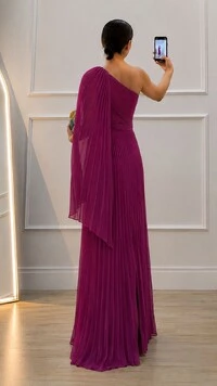 Vestido Longo Plissado Ombro Único Chloe Cinto Faixa