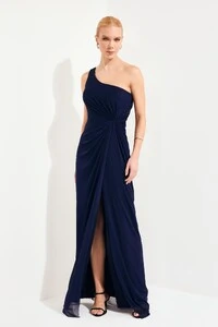 Vestido Longo Tulê Andressa Detalhe Drapeado Lateral Estruturado