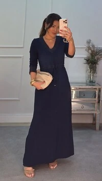 Vestido Longo Decote V Dayse Mangas Longas Detalhes pespontados