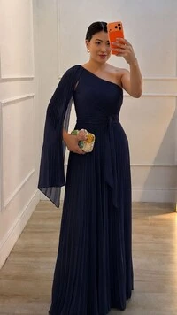 Vestido Longo Plissado Ombro Único Chloe Cinto Faixa
