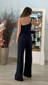 Macacão Longo Pantalona Alça Única Lady Cinto Fixo Fivela Dourada