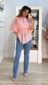 Bata Chiffon Mangas Em Evasê Thainá Elástico Franzido No Barrado