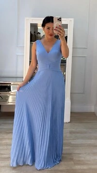 Vestido Longo Decote V Detalhe De Laço Maithe Saia Plissada