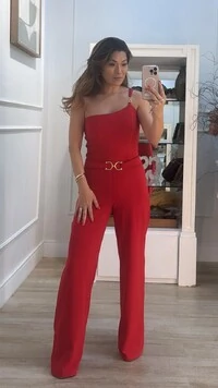 Macacão Longo Pantalona Alça Única Lady Cinto Fixo Fivela Dourada