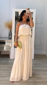 Vestido Chiffon Frente Única Com Amarração Helena Com Camadas