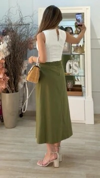 Saia Midi Evasê Prega Lateral Jolie Cinto Corda