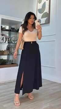 Saia Longa Detalhe Cinto Fiixo Com Fivela Camila Fenda Frontal