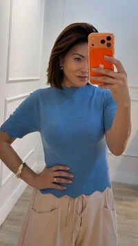 Blusa Tricot Mangas 3/4 Michelle Detalhe Em Nuvem