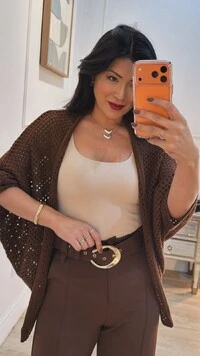 Kimono Tricot Vazado Ashley Mangas 3/4 Punhos Canelados