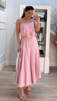 Vestido Midi Mescla Evasê Antonella Cinto Faixa Fivela Flores Duplas Douradas