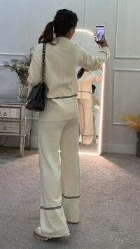 Conjunto Tricot Vilma Blusa & Calça Pantalona Com Listra Dupla