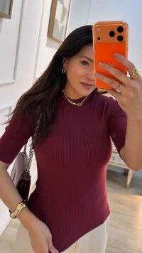 Blusa Canelada Gola Alta Yandra Manga 3/4