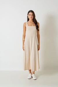 Vestido Midi Decote Reto Barbara Alças Largas