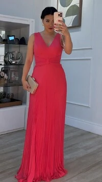 Vestido Longo Decote V Detalhe De Laço Maithe Saia Plissada