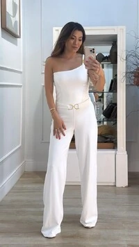 Macacão Longo Pantalona Alça Única Lady Cinto Fixo Fivela Dourada