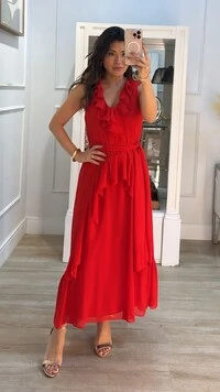 Vestido Longuete Crepe Decote V Com Babado Amanda Cinto Faixa