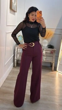 Calça Pantalona Alfaiataria Cecilia Cinto Fivela Larga Dourada