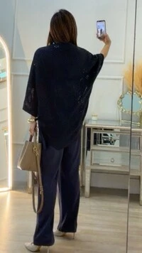 Kimono Tricot Vazado Ashley Mangas 3/4 Punhos Canelados