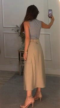 Saia Midi Cargo Twill Raquel Cinto Pespontado Fivela Dourada