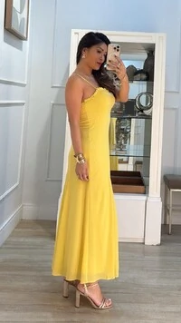 Vestido Chiffon Alças Finas Júlia Decote Coração Com Detalhe