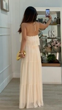 Vestido Chiffon Frente Única Com Amarração Helena Com Camadas