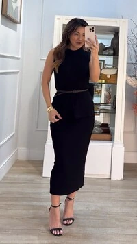 Conjunto Canelado Blusa Gola Alta E Saia Midi Suellen Cinto Fino Couro Eco