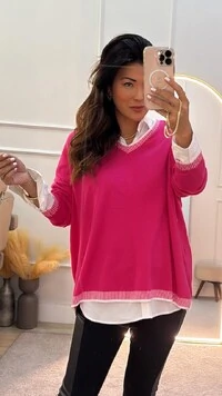 Blusa Tricot Glenda Decote V Com Bicolor Detalhe Bicolor